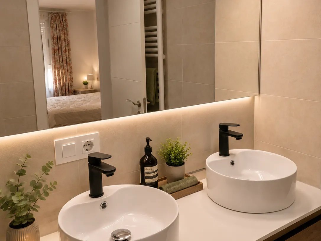 Proyecto de reforma de bano en Valencia con acabados en madera y piedra para un estilo elegante