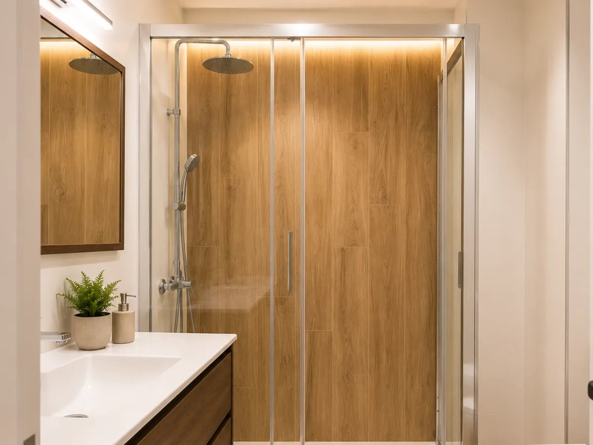 Cabina de ducha con revestimiento efecto madera en bano reformado en Valencia