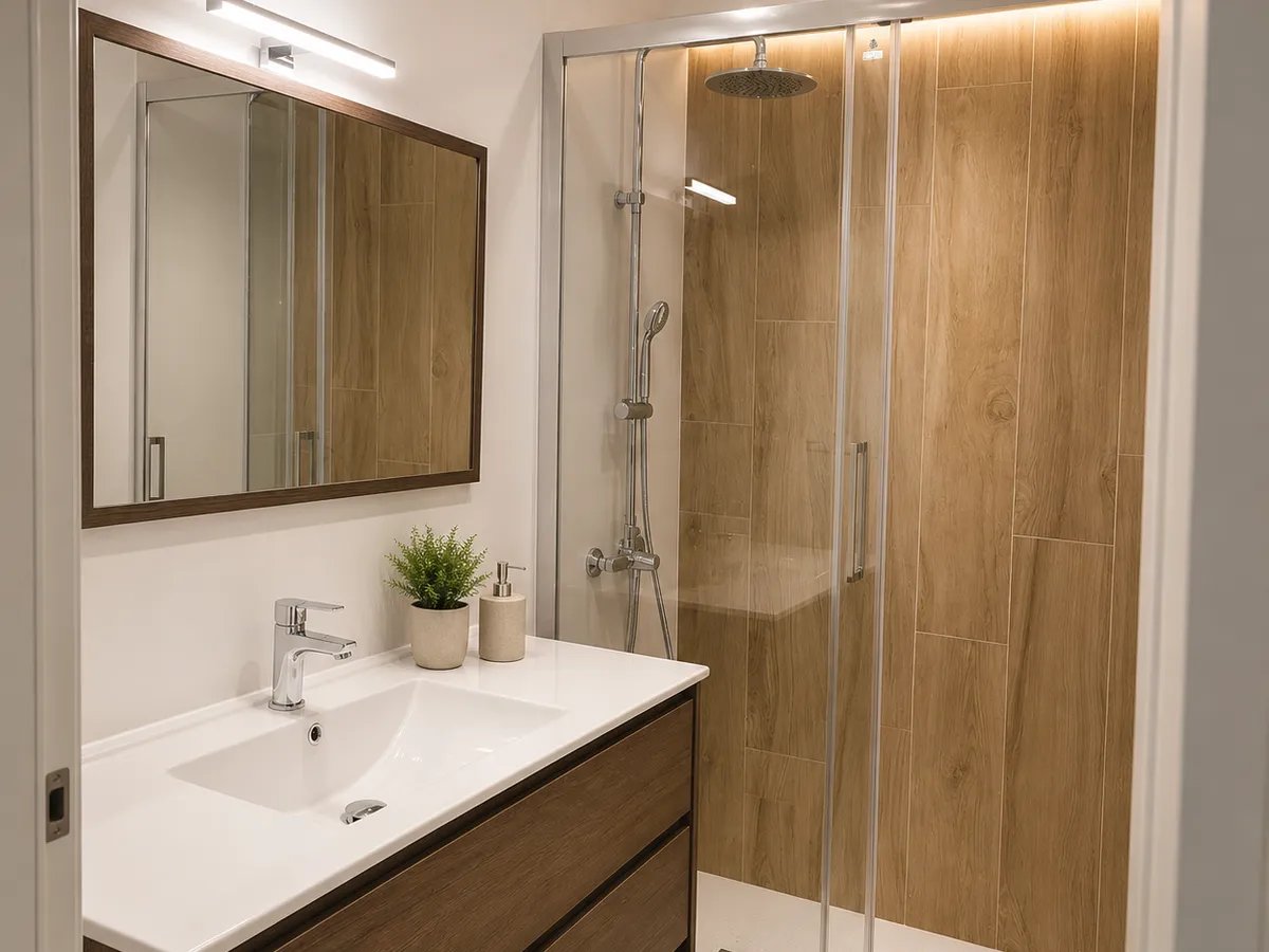 Lavabo suspendido con espejo y cabina de ducha en proyecto de reforma de bano en Valencia