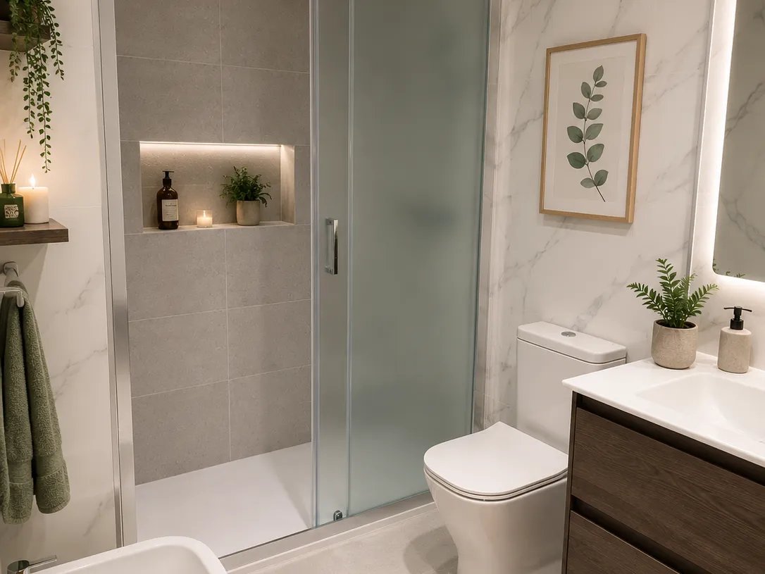 Reforma de bano en Valencia con ducha en tonos neutros y acabados modernos de estilo contemporaneo