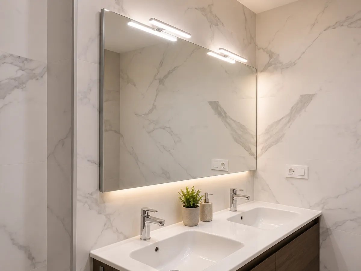 Mueble de bano de madera con doble lavabo en reforma de bano en Valencia